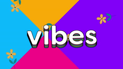 Animation-of-vibes-text-banner-and-flower-icons-falling-against-geometric-colorful-shapes-pattern