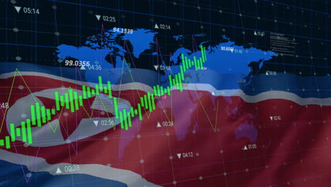 Animación-Del-Procesamiento-De-Datos-Financieros-De-Líneas-Azules,-Mapa-Mundial-Sobre-La-Bandera-De-Corea-Del-Norte