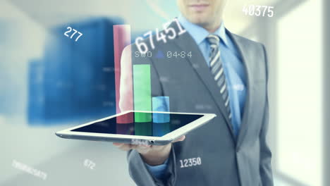 Animation-of-statistical-data-processing-over-mid-section-of-businessman-holding-a-digital-tablet