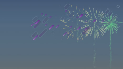Animation-loop-of-purple-search-icons-moving-and-fireworks-display-exploding-on-abstract-background