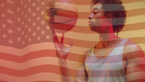 Animation-Der-Amerikanischen-Flagge-über-Einem-Afroamerikanischen-Basketballspieler,-Der-Einen-Ball-Dreht