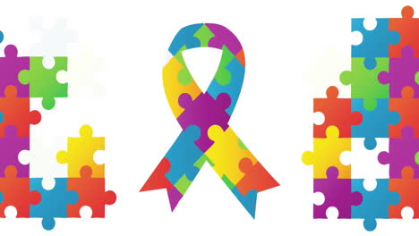 Animation-of-autism-awareness-month-puzzle-pieces-and-ribbon-on-white-background