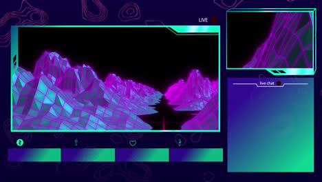 Animation-of-3d-model-of-mountains-on-video-interface-screen-over-abstract-pattern-in-background