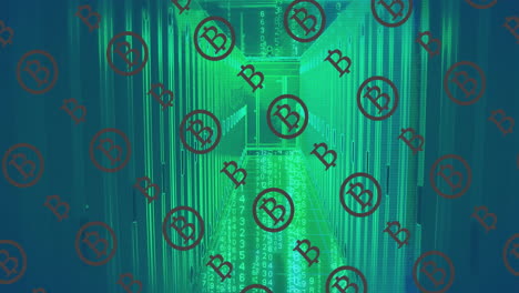 Animation-of-bitcoins-over-green-symbols-in-server-room