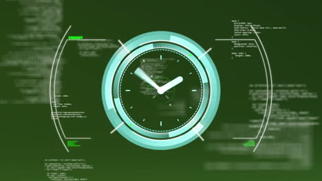 Animation-of-digital-clock-on-circle-and-computer-language-against-abstract-background