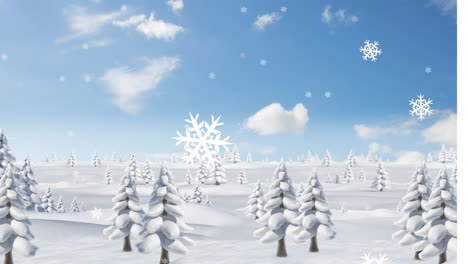 Animation-of-snowflakes-falling-over-trees-on-winter-landscape-against-clouds-in-the-blue-sky