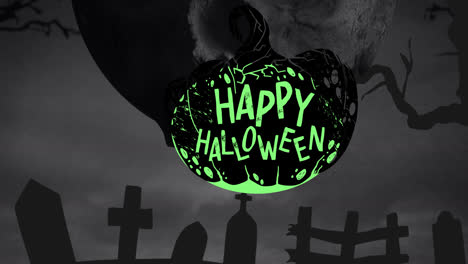 Animation-of-happy-halloween-text-over-pumpkin-and-cemetery
