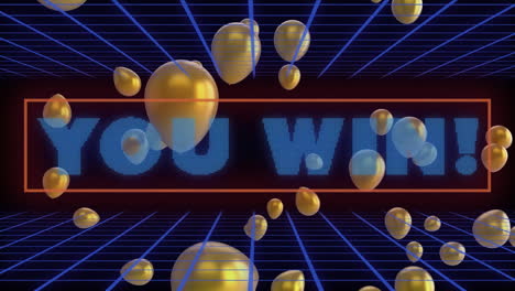 Animation-Von-Goldenen-Ballons,-Die-über-Ihrem-„You-Win“-Textbanner-über-Einem-Gitternetz-Auf-Blauem-Hintergrund-Schweben