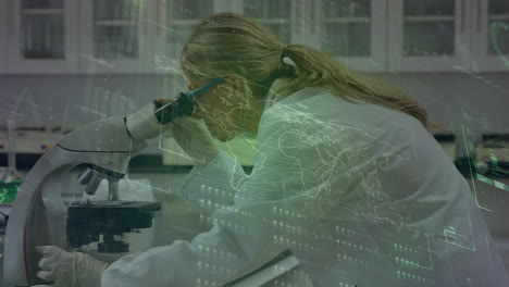 Animation-of-infographic-interface-over-female-caucasian-scientist-looking-through-microscope