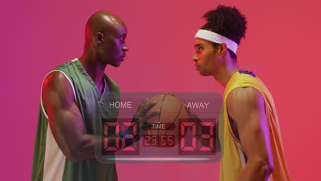 Animation-of-match-scoreboard-over-african-american-male-basketball-opponent-players-holding-ball