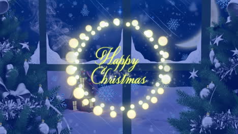 Animation-of-happy-christmas-text-in-illuminated-wreath-over-christmas-trees-and-snowy-window