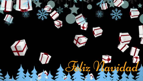 Animation-Des-Textbanners-„Feliz-Navidad“-Und-Der-Symbole-Für-Weihnachtsgeschenke,-Die-Vor-Schwarzem-Hintergrund-Fallen