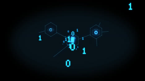 Animation-of-medical-icons-with-binary-coding-on-black-background