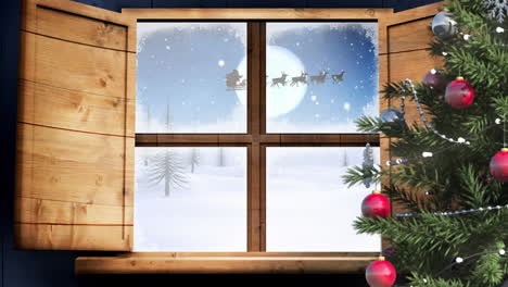 Animation-of-decorated-christmas-tree-and-view-of-snow-falling-on-winter-landscape-from-window