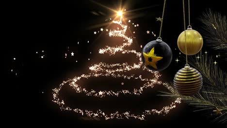 Schwingende-Schwarze-Und-Goldene-Weihnachtskugeln-über-Leuchtenden-Sternschnuppen,-Die-Auf-Schwarzem-Hintergrund-Spiralförmig-Verlaufen