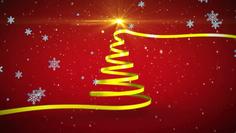 Animation-of-light-spot-and-snow-falling-over-ribbon-forming-a-christmas-tree-on-red-background