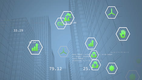 Animation-of-eco-icons-and-data-processing-over-modern-office-buildings