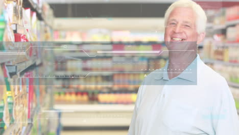 Animation-of-interface-with-data-processing-against-caucasian-senior-man-smiing-at-supermarket-store