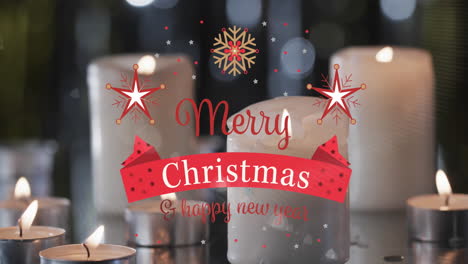 Animation-of-merry-christmas-text-with-decorations-over-lit-candles-background