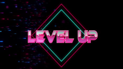 Animation-of-glitch-effect-over-level-up-text-banner-against-blue-and-red-spots-on-black-background