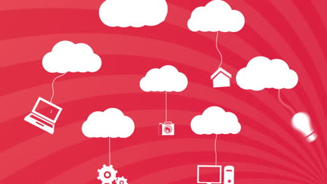 Animation-of-multiple-digital-icons-tied-to-cloud-icons-against-pink-radial-background