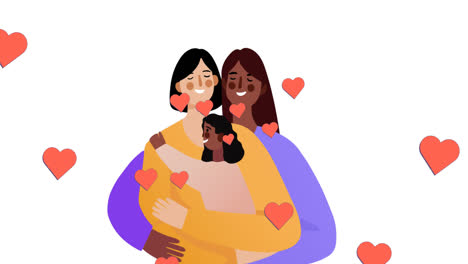 Animation-of-diverse-lesbian-couple-with-daughter-over-white-background-with-hearts