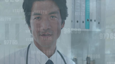 Animation-of-changing-numbers-over-happy-asian-male-doctor