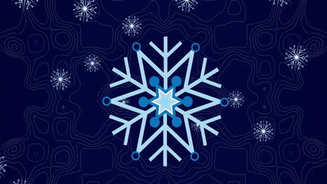 Animation-of-snowflakes-floating-against-topography-pattern-against-blue-background