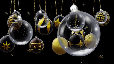 Swinging-clear,-back-and-gold-christmas-baubles-and-stars-on-black-background