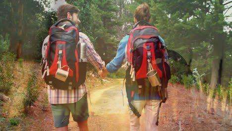 Animation-of-grass-over-caucasian-couple-holding-hands-hiking-through-forest