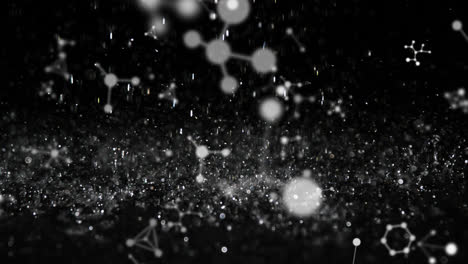 Animation-of-molecules-and-water-drops-falling-on-black-background