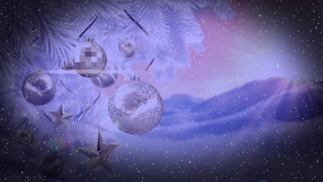 Animation-of-snowfall-over-hanging-stars-and-baubles-against-abstract-background