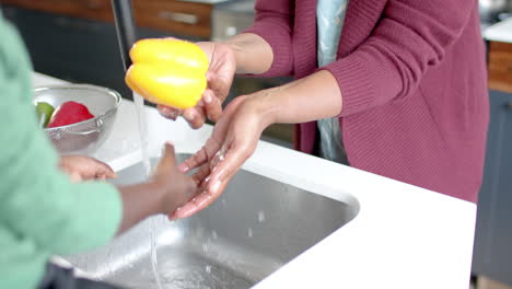 Happy-african-american-grandmother-and-grandson-washing-vegetables-in-kitchen,-slow-motion