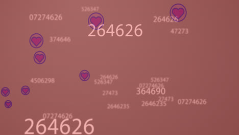 Animation-of-multiple-heart-icons-and-changing-numbers-floating-against-pink-background