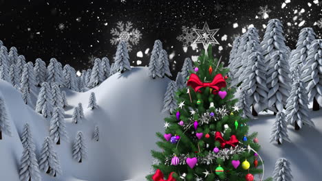 Animation-of-shooting-star-and-snowflakes-falling-over-christmas-tree-on-winter-landscape