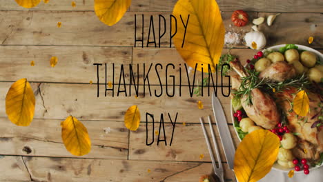 Animation-of-happy-thanksgiving-day-over-autumn-leaves-and-dinner-on-wooden-background