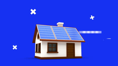 Animación-Del-Procesamiento-De-Datos-Sobre-Una-Casa-Con-Paneles-Fotovoltaicos-En-El-Techo-Sobre-Fondo-Azul
