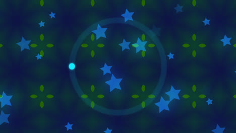 Animation-of-white-circle-over-stars-and-kaleidoscopic-blue-background