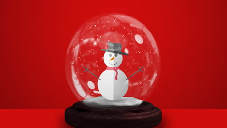Animation-of-snow-falling-over-snowman-in-a-snow-globe-against-red-background-with-copy-space