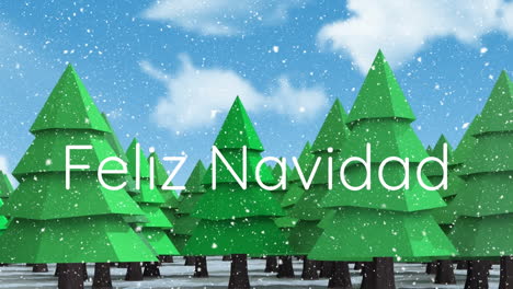 Animation-Des-Textbanners-„Felix-Navidad“-Und-Schnee,-Der-über-Bäume-In-Einer-Winterlandschaft-Fällt