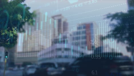 Animation-of-graphs-and-trading-board,-time-lapse-of-people-walking-against-buildings