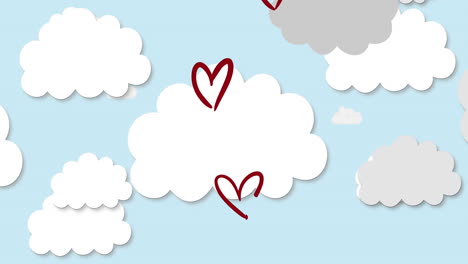 Animation-of-red-hearts-and-clouds-on-blue-background