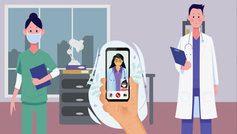 Animation-Einer-Hand-Mit-Smartphone-Und-Videoanruf-Mit-Ärzten-Im-Krankenhaus
