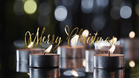 Animation-of-merry-christmas-text-over-tea-candles-on-black-background