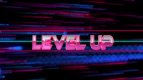Animation-of-level-up-text-banner-against-red-and-blue-light-trails-moving-against-black-background