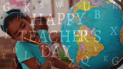 Animation-of-happy-teacher's-day-text-banner-over-biracial-girl-studying-about-globe-at-school