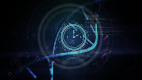 Animation-Von-Violetten-Lichtspuren-Und-DNA-Strukturen-über-Einer-Neonfarbenen-Tickenden-Uhr-Vor-Blauem-Hintergrund