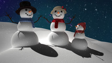 Animación-De-Nieve-Que-Cae-Sobre-Una-Familia-De-Muñecos-De-Nieve-Y-Paisajes-Invernales.
