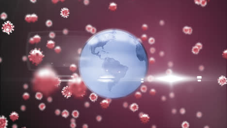 Animation-Von-Covid-19-Zellen,-Die-über-Einem-Sich-Drehenden-Globus-Vor-Einem-Lichtpunkt-Auf-Rosa-Hintergrund-Schweben