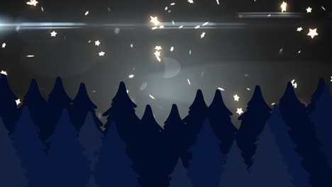 Animation-Von-Bäumen,-Sternen-Und-Schneeflocken-Mit-Linsenreflexionen-Auf-Abstraktem-Hintergrund